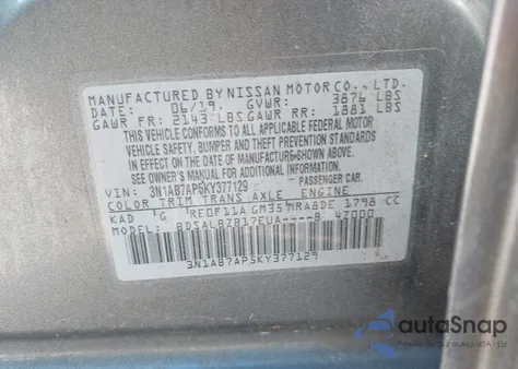 2019 Nissan Sentra S z USA, uszkodzony, nr VIN 3N1AB7AP5KY377129